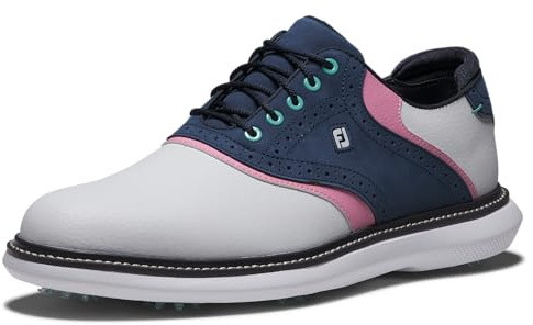 FootJoy Men's Traditions Golf Shoe, White/Blue/Pink, 9 UK