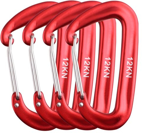 Azarxis Moschettoni 12kN (1200 kg) Multiuso in Lega d'Alluminio Forma a D Moschettone Piccolo per Campeggio Amaca Tenda Zaino Escursioni (#01 Rosso - 4 Pezzi)