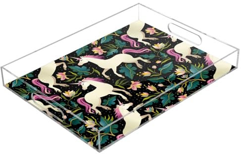 Cute Unicorns Flower Acrylic Clear Trays Acrylic Serving Trays with Handles 12 x 16 Acrylic Trays for Serving Spill-Proof