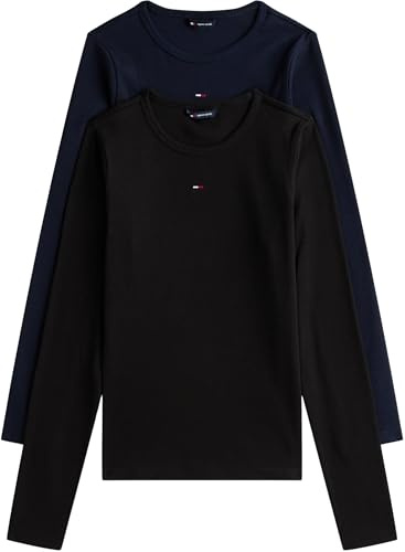Tommy Jeans Women's 2 Pack Slim Essential Rib Round Neck Long Sleeve Tops, Multicolor (Black/Dark Night Navy), M