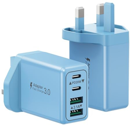 Suiwel 40W 4-Port USB C Fast Charger Plug UK Dual PD Power Adapter+QC Wall Plug, Multiport USB Plug Multi Type C Charging Plug for iPhone 17/16/15/14 Pro Max/Plus/13/12/11,Samsung, iPad, 2-Pack