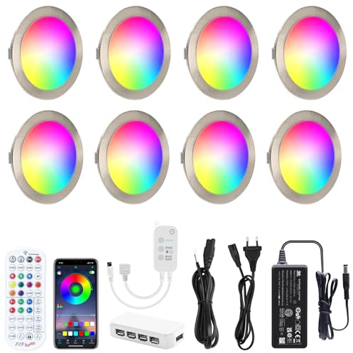 AIBOO RGB Unterbauleuchte Küche LED Farbwechsel Schrankbeleuchtung 8 Stück mit Fernbedienung,Smart Einbaustrahler Dimmbar Einbauspots mit APP,Ultra Flach Vitrinenbeleuchtung Led für Küche Wohnzimme