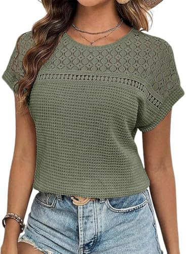 Chicrise Women Tops Loose Fit Crochet Blouse Batwing Sleeve Soft Tunic Breathable Solid Green Large 16-18 L