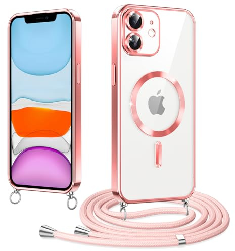 Woijrly Magnétique Coque avec Cordon pour iPhone 11 6.1, Compatible avec MagSafe, Coque Magnétique en Galvanisé avec Réglable Collier Lanyard, Antichoc Etui pour iPhone 11, Rose