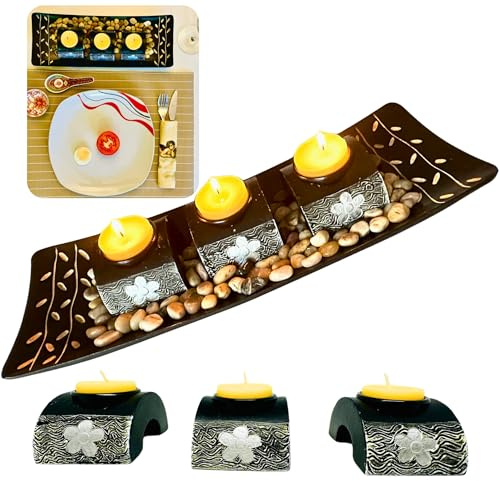 Portavelas Jardín Zen de Madera – Regalo para el Hogar – Centro de Mesa Decorativo para Salón, Comedor – Soporte Moderno Velas Pequeñas de Té Yoga Meditación Rituales Espirituales