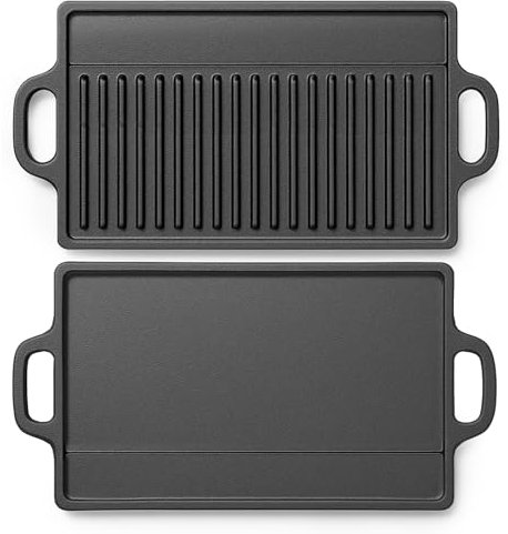 Poele grill,Poêles gril double face 44 * 23cm,Poele grill fonte extérieur avec revêtement antiadhésif,poele a griller réversible adapté aux cuisinières à gaz,fours,plaque barbecue à frire deux en un
