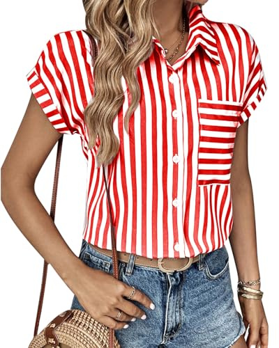 MINTLIMIT Women's Striped Button Down Shirt Short Sleeve Collared Shirts Casual Work Tops Summer Blouse with Pocket