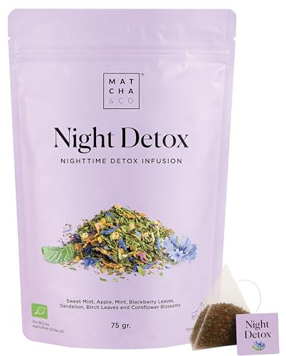 Matcha & CO Infusión Night Detox, 30 dosis de infusión depurativa nocturna con Menta, Manzana, Diente de León, Abedul y Flores de Aciano