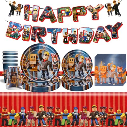 Robl Pappteller Kindergeburtstag Deko Junge- Roblx Geburtstag Geschirr Set Geburtstagsdeko Partygeschirr Tischdecke Pappteller Tischdecke Banner Teller Servietten Tassen Party Tableware Supplies Deko