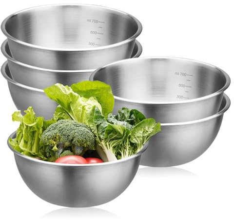 PORFOYO Ciotole Acciaio Inox con Misurazione, 6 pezzi Insalatiera Diametro 17cm, Ciotola per Mescolare Impilabili per Ciotola di Cereali, Salse, Snack, Mescolare