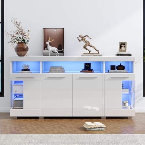 Laxnb Aparador Cocina con luz LED, Aparadores para Salon con 4 Puertas Aparador Entrada 140x40x70cm, Armario Cocina Comoda Vitrina Mueble Auxiliar de Cocina, Muebles de Salon (Blanco)