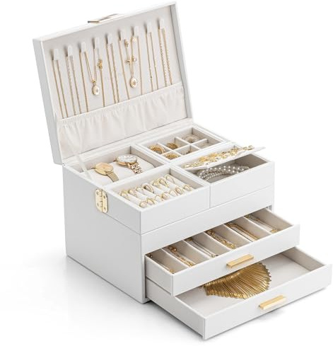 Vlando Schmuckkästchen Groß für Damen Schmuckaufbewahrung Mit 2 Schubladen Tablett Schmuck Organizer mit Schublade für Halsketten, Ringe, Armbänder,Ohrringe, Mütter und Mädchen, Weiß