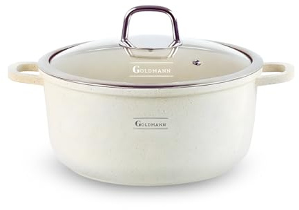 GOLDMANN Pentola in Alluminio Pressofuso con Coperchio in Vetro, Rivestimento Antiaderente Effetto Marmo Ceramica, Adatta a Tutte le Piastre Inclusa Induzione, Senza PFOA (Beige, 28 CM)