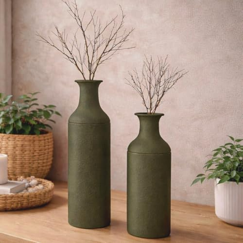 Leewadee Floor Vase Set (2) with Removable Lid - Large Tall Decorative Vases in Metal, Green, 21/16″ - Modern Home Decor for Living Room, Hallway, Fireplace & Office - for Pampas Grass & Dried Stems
