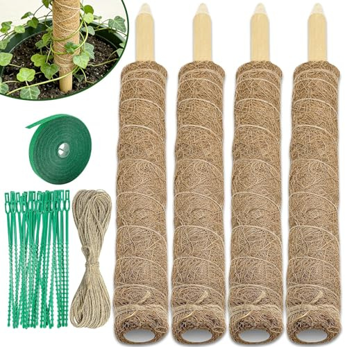 Leyrens Paletto Monstera, 4 Pezzi Palo per Fibra di Cocco per Piante 40cm con Corda di Iuta, Chiusura a Strappo e Fascette a Spina, Supporto per Monstera per Piante Rampicanti che Crescono Verso l'alt