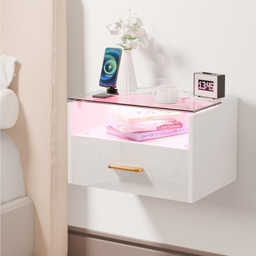 Table de Chevet Suspendue avec éclairage LED RGB, 2 Prises Secteur et 2 Ports USB, 2 Niveaux, avec un Tiroir et un Plateau en Verre Trempé,42 x 30 x 26 cm,Convient pour la Chambre et le Salon(blanc)