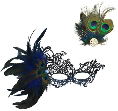 Plumes de paon - Masque de bal et pinces à cheveux pour femme - Demi-masque gothique vénitien - Bijou de tête de paon - Épingle à cheveux - Accessoire de costume pour carnaval, fête, mascarade