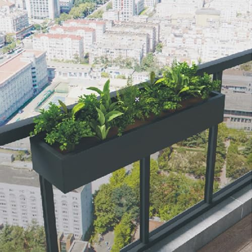 Labasuan Macetero Colgante para barandillas de Vidrio con Barra de nivelación, Jardineras rectangulares de Acero,Macetero Impermeable para Balcones,Ganchos a Medida(100cm/39.3in)