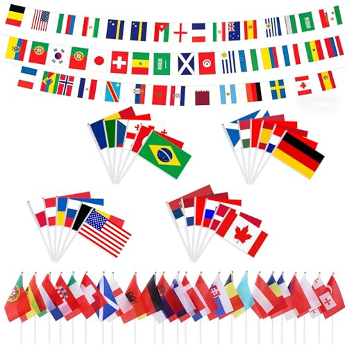 CHRI 2026 WM Handflaggen Set | 48 Länder Teilnehmenden Ländflaggen 20 x 13,5 cm mit 28cm Pole | Flaggen der Welt WM 2026 Fanartikel für WM Party, Bar, Stadion & Public Viewing (B)