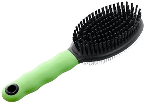 Ferplast Spazzola Doppia per Gatti - Pelo Medio e Lungo - Cardatore Setole Inclinate e Testine Arrotondate, Acciaio Inox - Impugnatura Ergonomica Morbida - Misura M, Verde