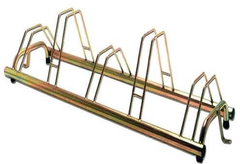5 Plätze geerdeter Fahrradträger aus verzinktem Stahl, Farbe tropisch gold mit schwarzen PVC-Kappen. Bike Rank System hoch und niedrig, um zu vermeiden, dass sich die Lenker gegenseitig verkeilen, mit Montagebügel zur Bodenverankerung.