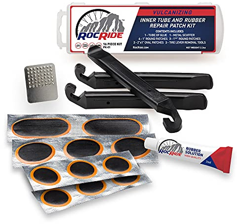 RocRide 16-PC Inner Tube Patch Bicycle Repair Kit. Also for Inflatable Dinghies, ATVs, BMX and Motorcycles.
