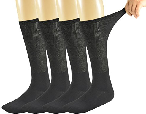 Yomandamor Men's Bamboo Seamless Diabetic Socks Over the Calf Loose Top White Black Socks,4 Pairs