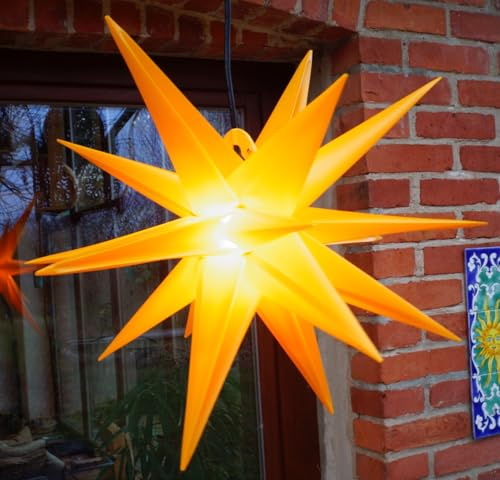 GURU SHOP 3D Batterie Außenstern Kaspar, Weihnachtsstern, Ø 55 cm 4xAA gelb | Wetterfest, 18 Spitzen, einfacher Aufbau, inkl. 7 m Kabel, LED Leuchtmittel, ideal für Terrassen, Balkone, Gärten
