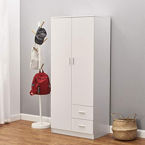Wooden 2 Door 2 Drawer Wardrobe with Shelf and Hanging Rail Modern Clothes Storage Cupboards Unit for Bedroom Furniture W 77 * D 50 * H 180cm (White)