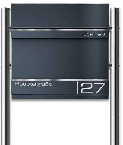 Metzler Standbriefkasten Hermann aus massivem, pulverbeschichtetem Stahl in Anthrazitgrau RAL 7016, mit Lasergravur, Edelstahl-Leisten, mit beidseitigem Zeitungsfach, Größe: 37x37x10,5 cm, Höhe 120 cm