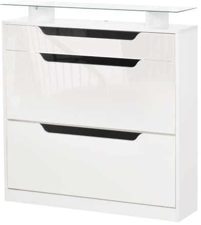 HOMCOM Schuhschrank Schuhregal Trenddesign Aufbewahrungsschrank Kippeimer mit Klapptür Glasplatte Verstellbares Regal großes Fassungsvermögen für 14 Paar Hochglanz+Weiß 89 x 23 x 96 cm