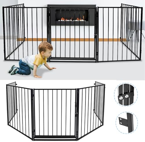 EINFEBEN Kaminschutzgitter 304x76cm Kindersicherer Kaminzaun 5 Stück Zaun für Kinderzaun Tierschutzgitter Ofenschutzgitter Absperrgitter Ofenschutz Schutzgitter Schwarz