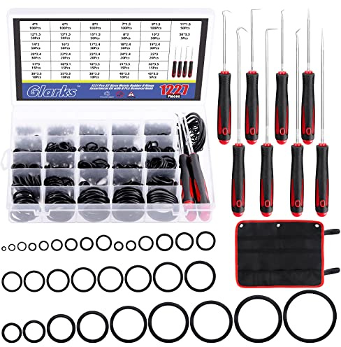 Glarks 1234Pcs 32 Sizes Metric O-Rings Assortment Kit Including 1225Pcs Nitrile NBR Rubber Washer，8Pcs Long and Short Hooks and 1pc Tool Bag for Plumbing, Gas, Automotive and Faucet Repair