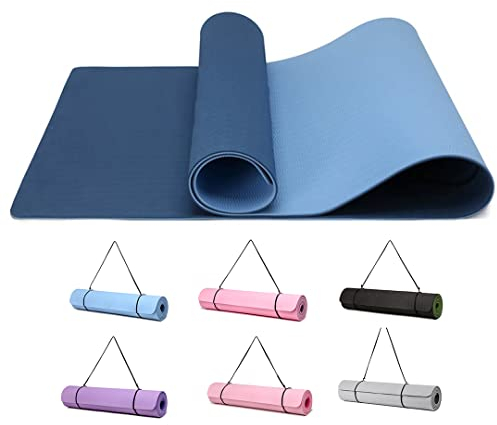 Good Nite Yoga Mat TPE Non-Slip Exercise Fitness Pilates Gymnastics Training Sport Mat Turn Mats Floor Gym with Carry Strap 183 x 61 x 0.6 cm (Dark Blue/Sky Blue)