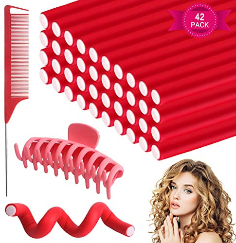 40 Pezzi di Bacchette in Gommapiuma, Senza Calore, Flessibili, per Capelli e Arricciacapelli, con Pettine per Capelli Grandi, Aste Flessibili per Acconciature Fai da Te (24 x 1,2 cm) Rosso