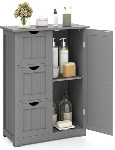 Tangkula Bathroom Floor Cabinet, Freestanding Storage Cabinet with 3 Drawers & Single Door, Adjustable Shelf, Multipurpose Bathroom Storage for Home Office, 23.5 x 12 x 32 Inches (3 Drawers, Grey)