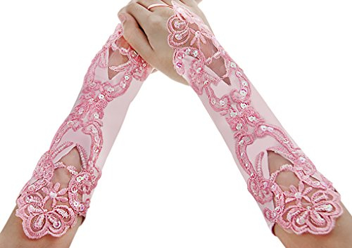 FakeFace Blumenmädchen Handschuhe Lange Kommunionhandschuhe mit Spitze und Fingeröffnungen für Hochzeit, Tanz und Party, Kinder Mädchen Braut Handschuhe, Armstulpen mit Perlenstickerei PINK