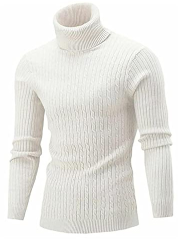 Teksome Suéter de punto para hombre, ligero, cuello alto, casual, de punto trenzado, suéter para hombre, blanco,