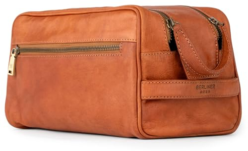 Berliner Bags Vintage Kulturbeutel Tim XL, Kulturtasche und Waschtasche aus Leder, Kosmetiktasche für Damen und Herren - Braun