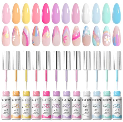 RARJSM Nail Art Gel Liner Gel Nail Polish Set 12 Pastel Colors Collection Creamy Yellow Green Pink Purple White Blue 5ml UV LED Cured Nail Design Painting Striper Thin Brush for Summer Home Salon