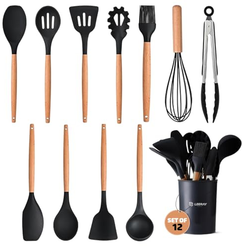 Kitchen Utensil Set - 12 PCS Wooden Silicone Cooking Utensils, Heat Resistant Nonstick Cookware Tools Spatula Spoon Turner Ladle Tongs Brush Holder Sets (Wooden Black)