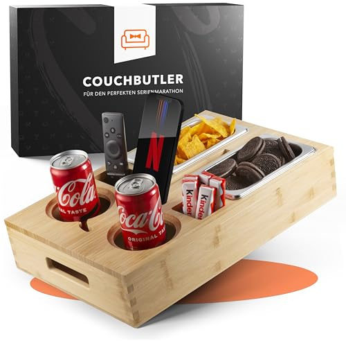 Couchbar Snackbox aus Bambus – Couch Bar Personalisierbar inkl. Geschenkbox | Sofa Tablett mit 2 Snackschalen, 2 Getränkehalter mit Untersetzer, magnetischer Deckel & Handyhalterung, ohne Gravur