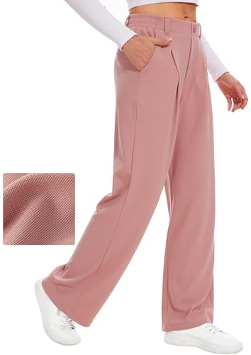 Desol Pantalones largos de gofre, pantalones largos de palazzo, elegantes pantalones de tela, pantalones de traje para mujer, pantalones anchos de verano con bolsillos, cintura alta, pantalones para