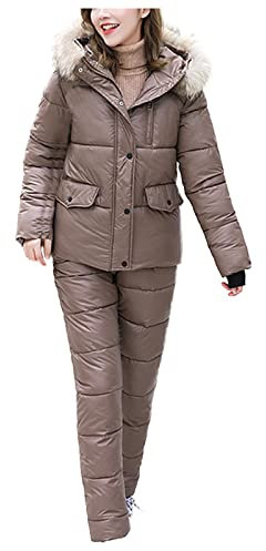 Damen-Skianzug: Snowboard-Skianzug für Damen, lässig, warm, dick, Outdoor-Sport, Reißverschluss, Skianzug mit Kapuze, gepolsterte Winter-Skianzüge, einteilige Damen-Skijacke, braun, 46