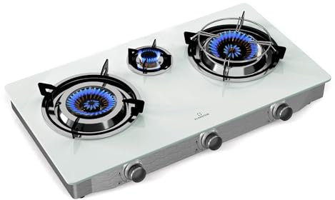 Klarstein Barzona Placa de Gas, 3 Quemadores, 8.45kW, Acero Inoxidable & Cristal, Encendido Piezoeléctrico, Dispositivo de Falla de Llama, Juego Completo con Manguera & Regulador