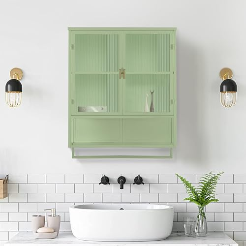 Moderner Hängeschrank Küchenschrank Wandschrank mit 2 Glastüren, Metal und Glas Badschrank Sideboard Hängend Medizinschrank mit Offener Stauraum und Handtuchhalter für Küche Bad, Grün, 60×23×78cm
