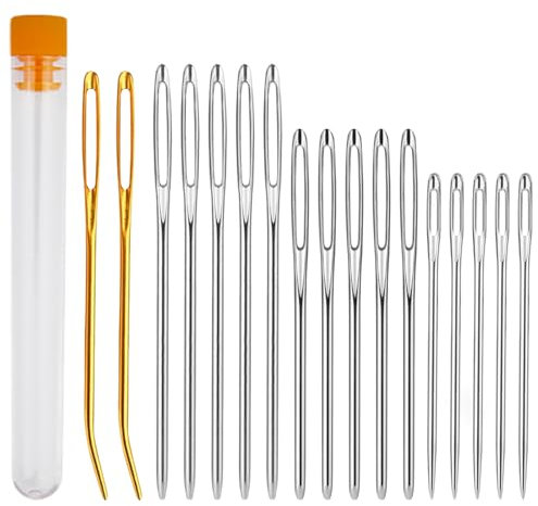 Kzouenzu Agujas Romas Ojo Grande, Agujas De Coser A Mano [17 Piezas], 4 Tamaños, Para Tejer Lana Cosida A Mano, Tubo De Almacenaje Transparente