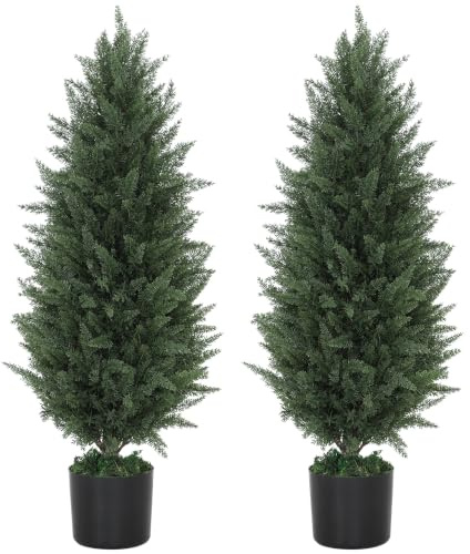 HOMCOM Künstliche Zypresse UV-Beständig 2er-Set 90 cm Kunstpflanze | Künstliche Pflanzen im Topf, Kunstbaum wie Echt, Groß, Dekoration Wohnzimmer Schlafzimmer Outdoor