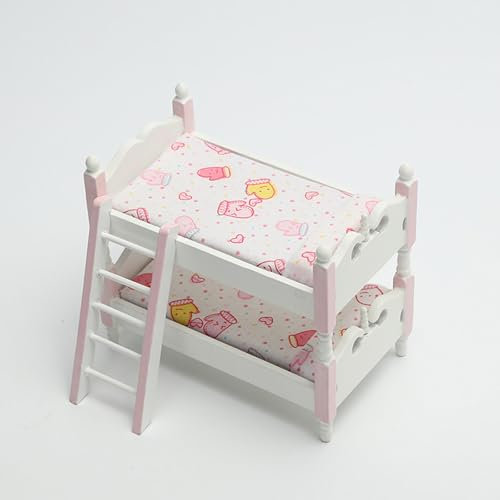 Quintrost Miniatur Baby Puppenbett Ornamente, 1:12 Puppenhaus Dekoration Etagenbett Möbel Set, Simulierter Bett Holz Mini Ornament Modell, Spielzeug Puppenmöbel Zubehör Deko