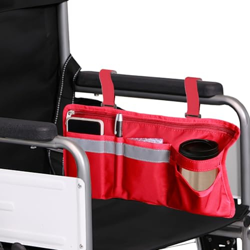 Wheelchair Accessories Bag, Wheelchair Side Bag,Armrest Storage Pouch with Cup Holder and Reflective Strip for Rollator, Walkers, Power Wheelchairs,Armrest Bag for Elderly Seniors Adults